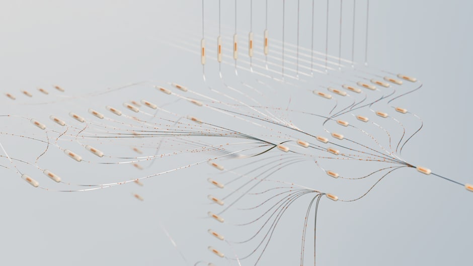 An abstract illustration of interconnected digital nodes and lines, symbolizing an AI agent orchestrating tasks across multiple software applications and data sources.