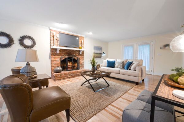A cozy living room featuring a mix of modern and vintage furniture, a patterned rug, and potted plants, creating a personal and inviting atmosphere.