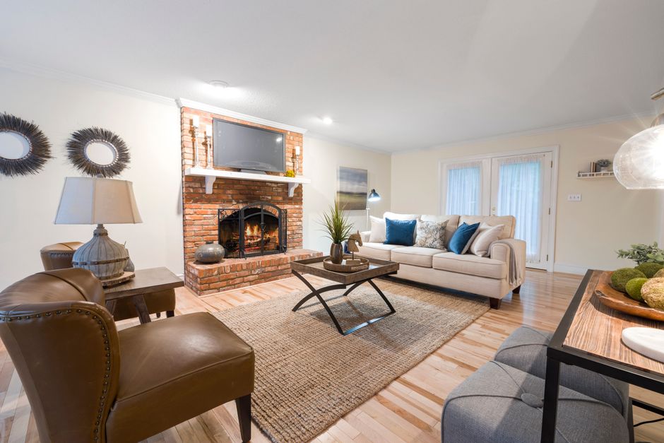 A cozy living room featuring a mix of modern and vintage furniture, a patterned rug, and potted plants, creating a personal and inviting atmosphere.