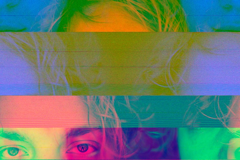 A fragmented human face composed of digital elements and glitches, symbolizing a deepfake or AI-generated identity, with binary code in the background.