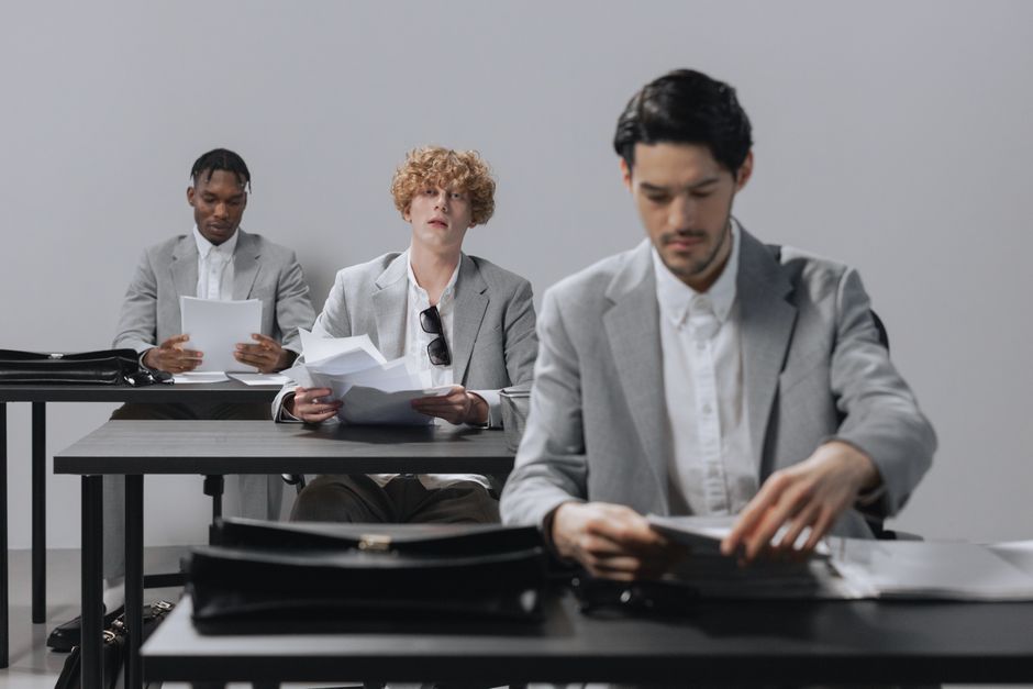 Three diverse professionals in a modern office, each wearing chic, minimalist outfits that exude confidence and professionalism.