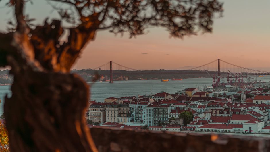 A person with a laptop looking out over a sunny Lisbon cityscape, representing an ideal remote work destination.