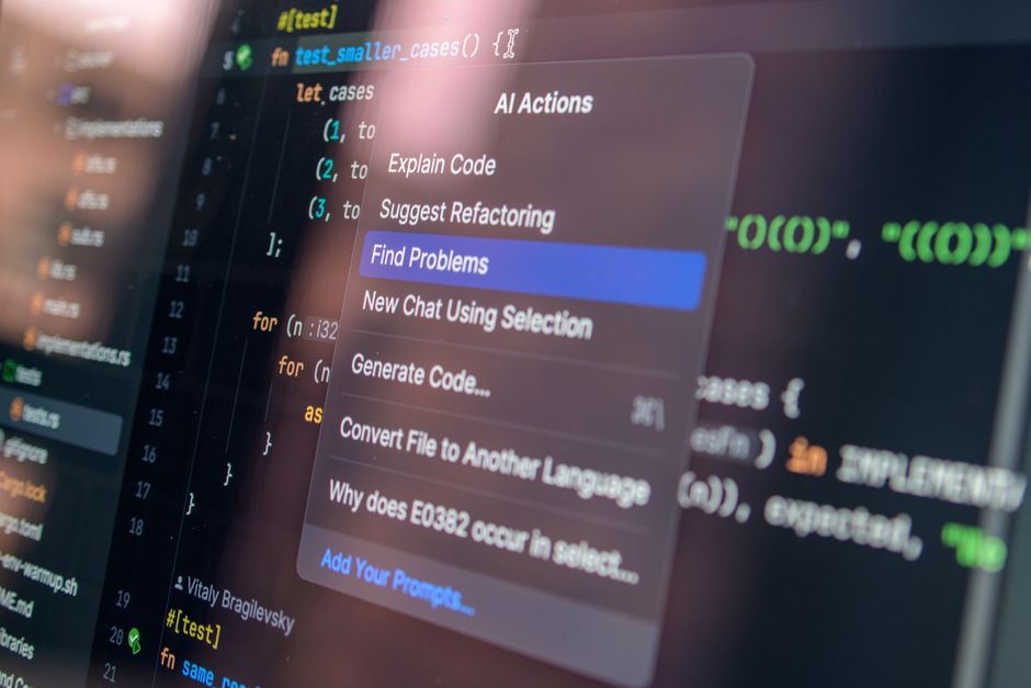 A close-up shot of a magnifying glass over lines of computer code on a screen, emphasizing the critical need for human review of AI-generated content.