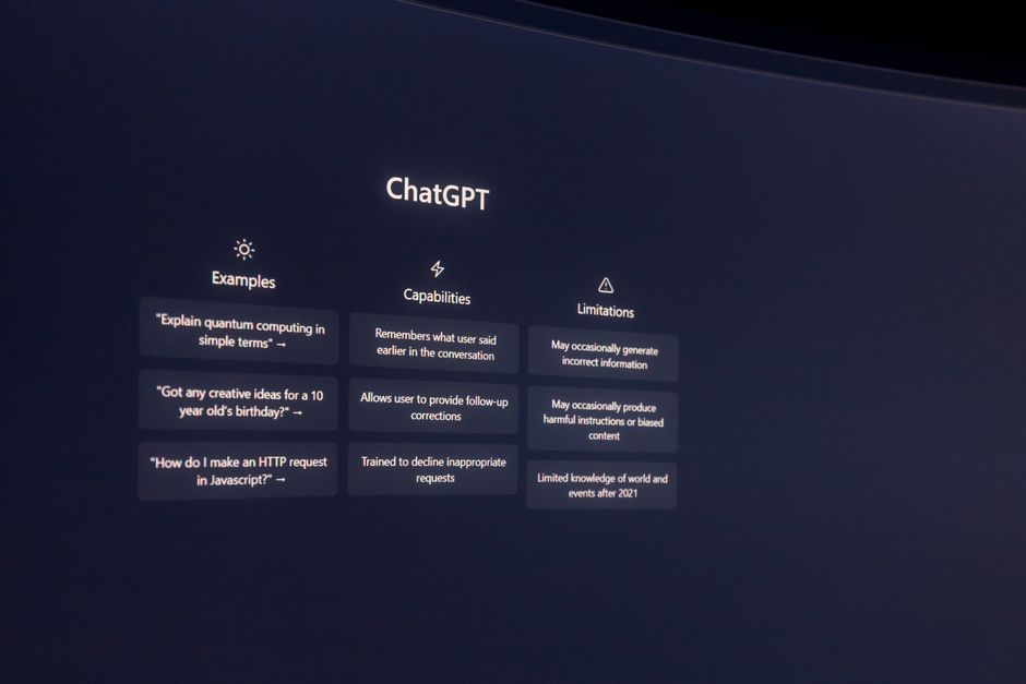 A close-up of a magnifying glass enlarging AI-generated text on a screen, with faint web links and traditional search results visible in the background, illustrating the shift in search.