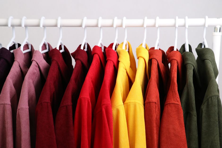 An open wardrobe showcasing a small collection of neatly folded and hung garments, all in a cohesive color scheme.
