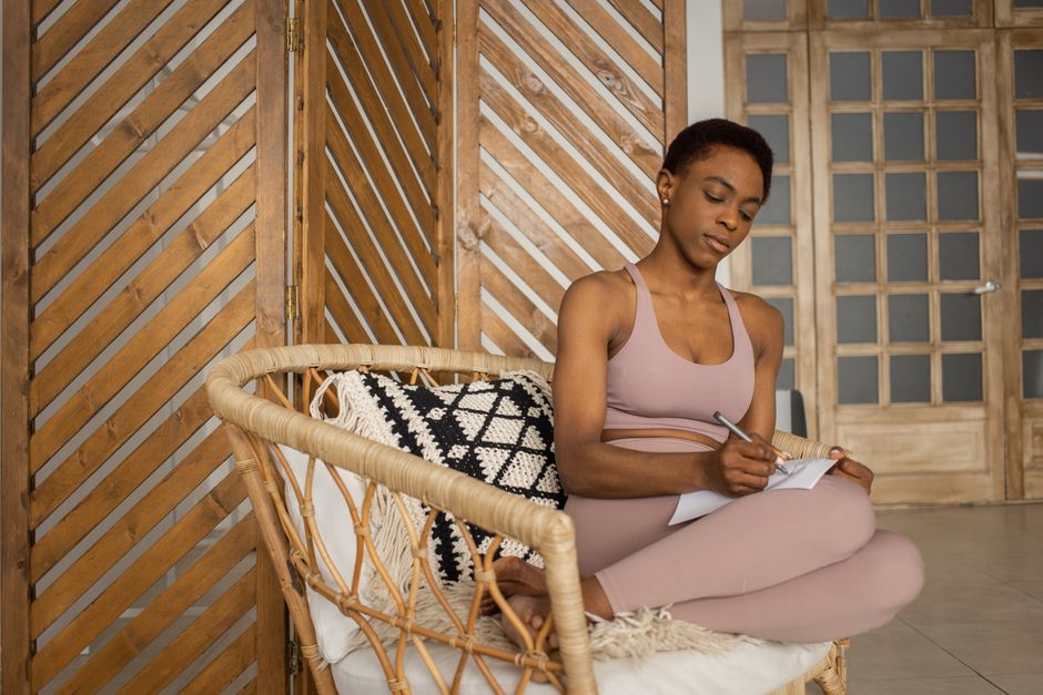 A person, representing a parent, uses a pen and notebook to fill out a weekly wellness checklist.