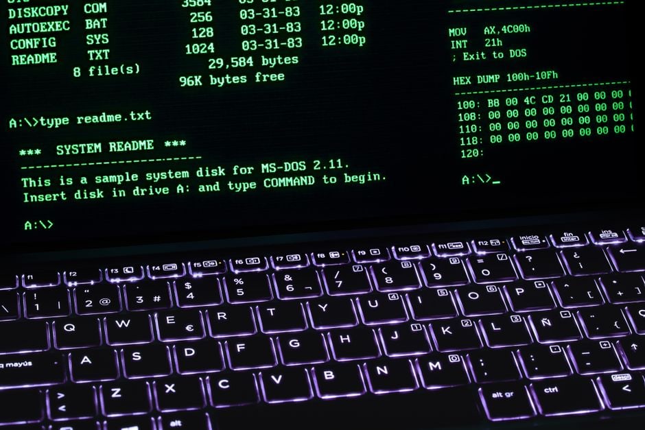 Close-up of hands typing a complex, descriptive prompt into an AI image generator interface on a laptop screen.