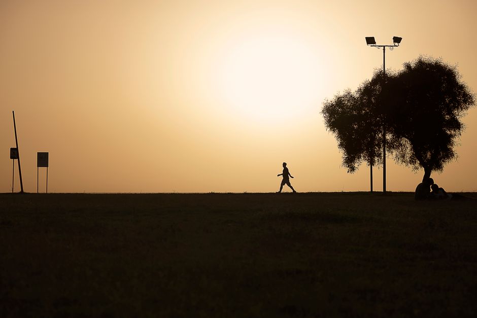 A person walking through a vibrant city park at sunset, enjoying nature and solitude.