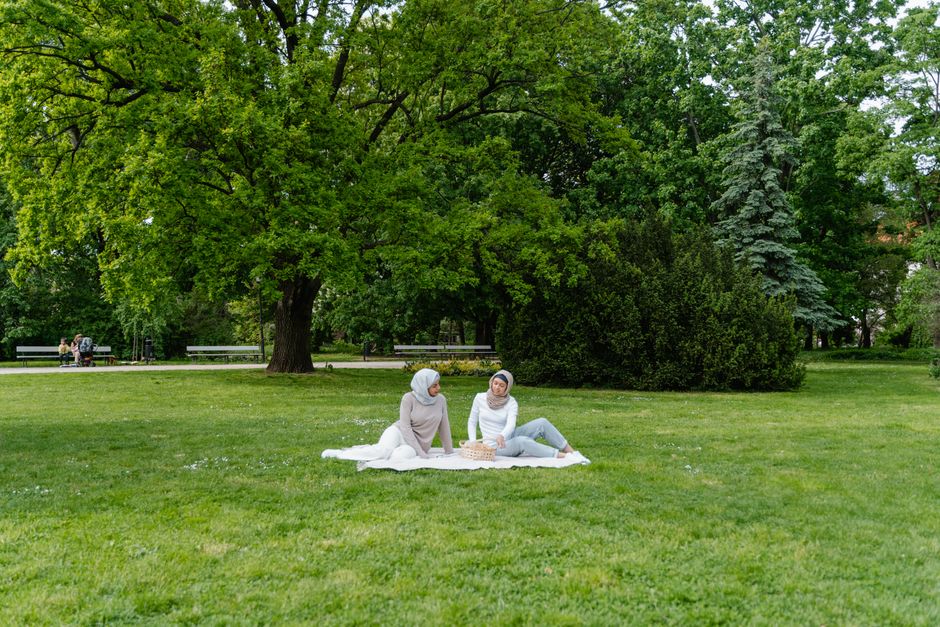 A colorful picnic blanket spread out on green grass with a basket of food, surrounded by trees in a city park.