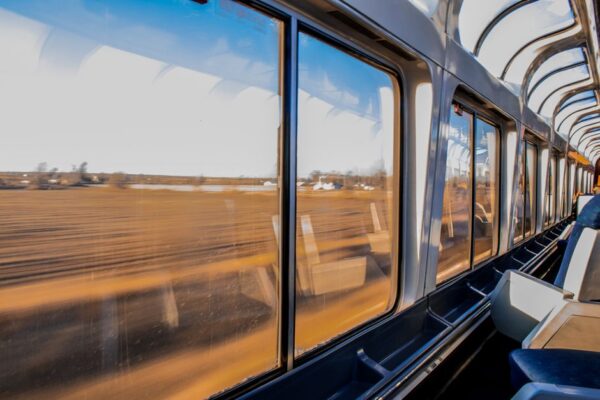 A person enjoying a panoramic view of the Swiss Alps from inside a scenic train's large window, with snow-capped peaks and a winding river.