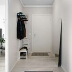 A neatly organized small apartment entryway with a narrow white shoe cabinet, wall-mounted hooks, and a small plant.