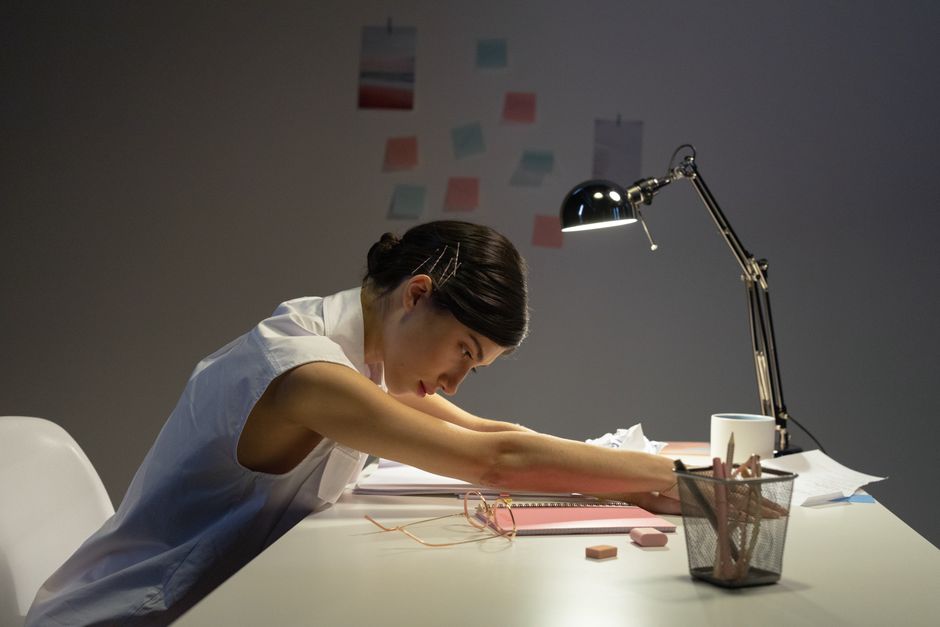 A visibly tired professional stretching at their desk in an office setting, looking away from a computer screen, signifying a need for a non-caffeine energy boost.