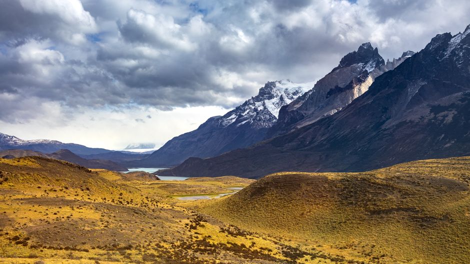 The iconic granite towers of Torres del Paine National Park, Chile, reflecting in a tranquil lake with golden autumn foliage in the foreground, showcasing Patagonia's natural beauty.
