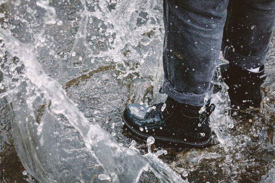 A comparison layout of different waterproof and water-resistant footwear options suitable for urban environments.